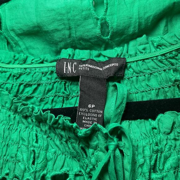 INC INDIAN SUMMER OFF THE SHOULDER GREEN EYELET PEASANT BLOUSE SIZE 6P - Picture 2 of 5